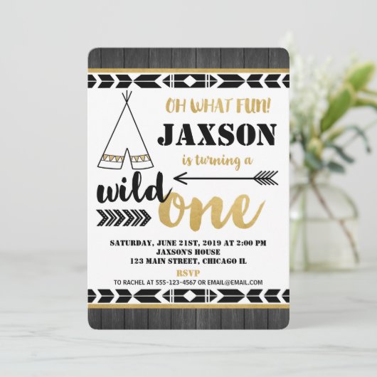 Zwart goud Wilde 1 1e verjaardag uitnodiging (Staand voorkant)