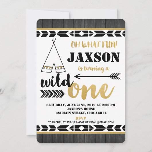 Zwart goud Wilde 1 1e verjaardag uitnodiging (Voorkant)