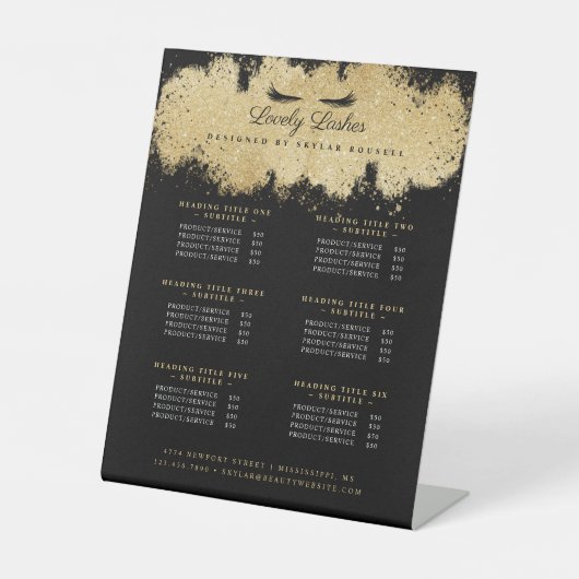 Zwart & Goud Wimper Schoonheidssalon Dienstenlijst Reclamebord Met Voetstuk (Voorkant)