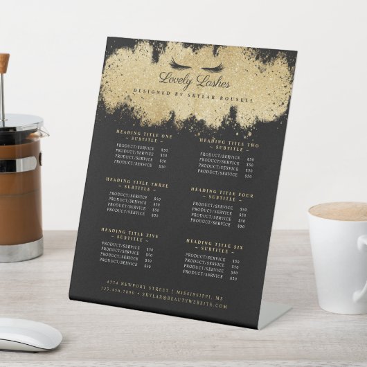 Zwart & Goud Wimper Schoonheidssalon Dienstenlijst Reclamebord Met Voetstuk (Insitu)