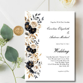 Zwart Goud Wit Aquarel Bloem Elegante Trouw Kaart