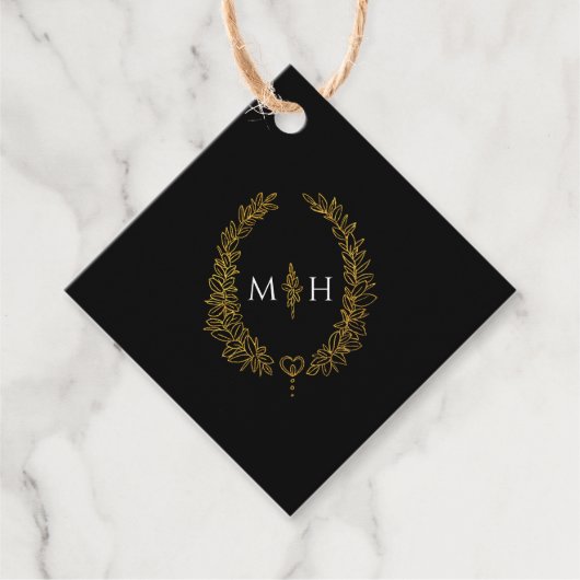 Zwart, goud wit blad ovale krans art bruiloft bedankjes labels (Voorkant)