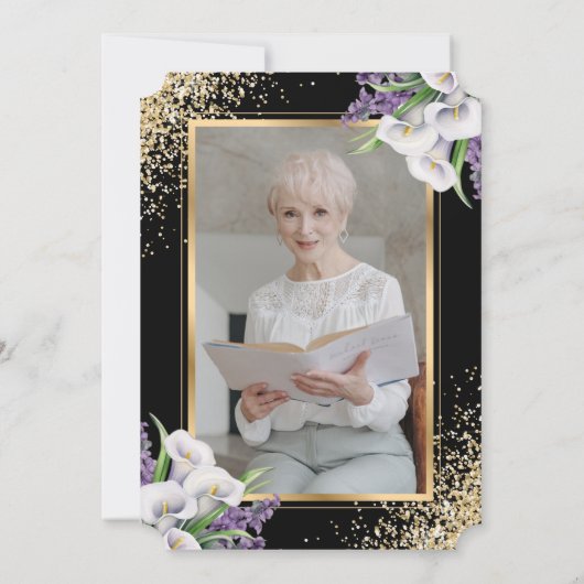 Zwart Goud Wit Bloemen Fotoviering van het Leven Kaart (Achterkant)