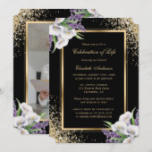 Zwart Goud Wit Bloemen Fotoviering van het Leven Kaart (Voorkant / Achterkant)