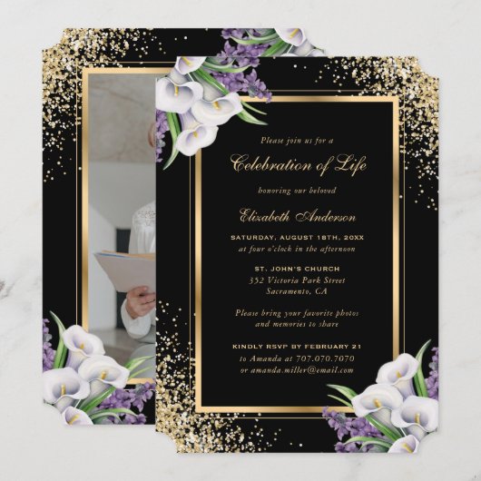 Zwart Goud Wit Bloemen Fotoviering van het Leven Kaart (Voorkant / Achterkant)