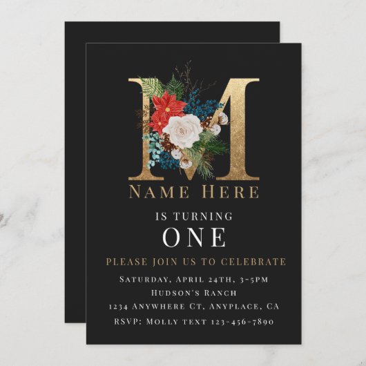 Zwart Goud Wit Bloemen Letter M Kaart (Voorkant / Achterkant)