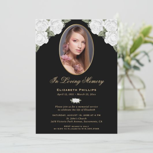 Zwart Goud Wit Bloemen Memorial Service Foto Kaart (Staand voorkant)