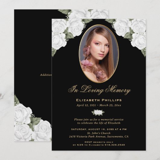 Zwart Goud Wit Bloemen Memorial Service Foto Kaart (Voorkant / Achterkant)