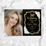 Zwart Goud Wit Foto 50e Verjaardag Kaart<br><div class="desc">Elegante bloemenuitnodiging voor de 50e verjaardag met uw foto. Glam zwart wit ontwerp met faux glitter goud. Beschikt over witte rozen, script lettertype en confetti. Perfect voor een stijlvol volwassen feestje. Personaliseer met je eigen gegevens. Kan voor om het even welke leeftijd worden aangepast! Gedrukte Zazzle-uitnodigingen of direct download digitale...</div>