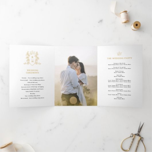 Zwart goud wit foto kroon monogram bruiloft drieluik programma (Binnen)