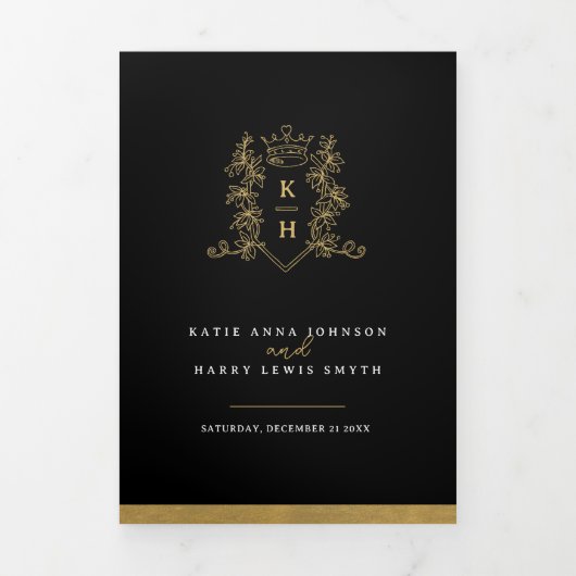 Zwart goud wit foto kroon monogram bruiloft drieluik programma (Cover)