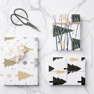 Zwart Goud Wit Kerstboom Vakantie Patroon Inpakpapier Vel