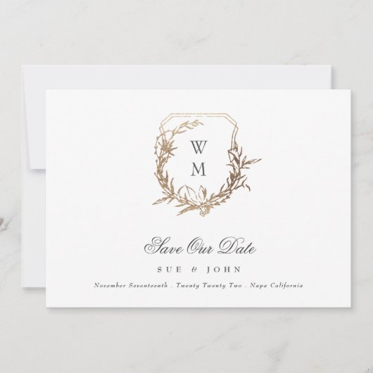 Zwart Goud Wit Klassiek Monogram Crest Bruiloft Save The Date (Voorkant)