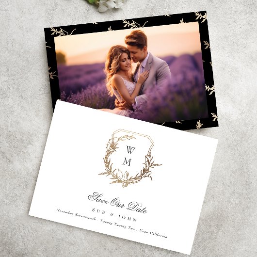 Zwart Goud Wit Klassiek Monogram Crest Bruiloft Save The Date