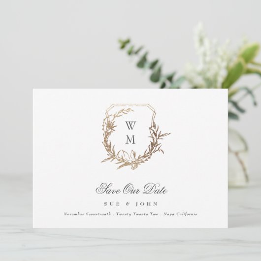 Zwart Goud Wit Klassiek Monogram Crest Bruiloft Save The Date (Staand voorkant)