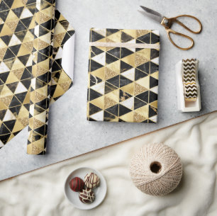 Zwart, Goud & Wit Marmer Textuur Geometrisch Cadeaupapier