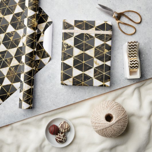 Zwart, goud & wit marmer textuur geometrisch cadeaupapier (Crafts)