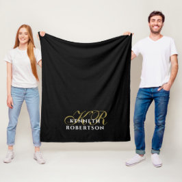 Zwart Goud Wit Minimalistisch Elegant Heren Monogr Fleece Deken