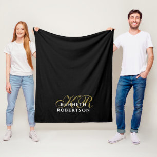 Zwart Goud Wit Minimalistisch Elegant Heren Monogr Fleece Deken