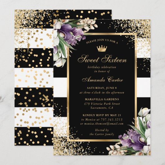 Zwart Goud Wit Paarse Orchidee Sweet 16 Birthday Kaart (Voorkant / Achterkant)