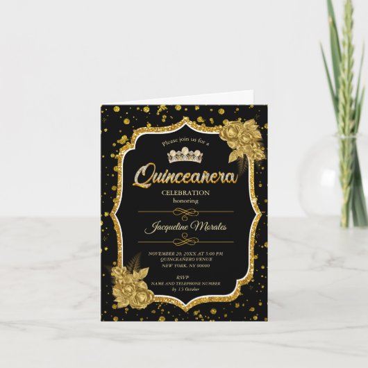 Zwart Goud & Wit Quinceañera Verjaardagsuitnodigin (Voorkant)