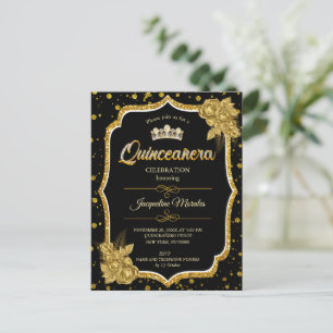 Zwart Goud & Wit Quinceañera Verjaardagsuitnodigin Briefkaart