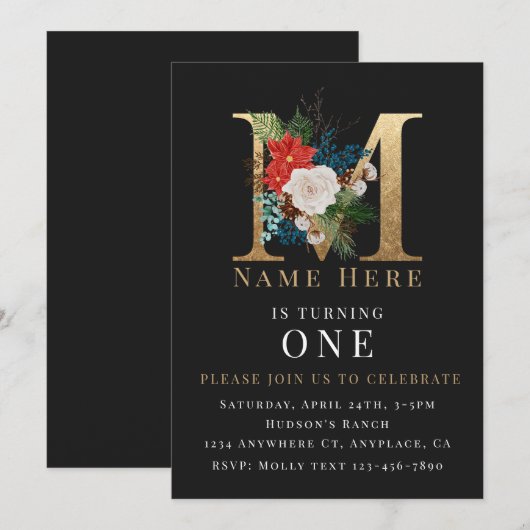 Zwart Goud Witte Bloem Letter M Kaart (Voorkant / Achterkant)