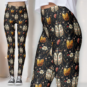 Zwart Goud Witte Bloemenkever Botanisch Leggings