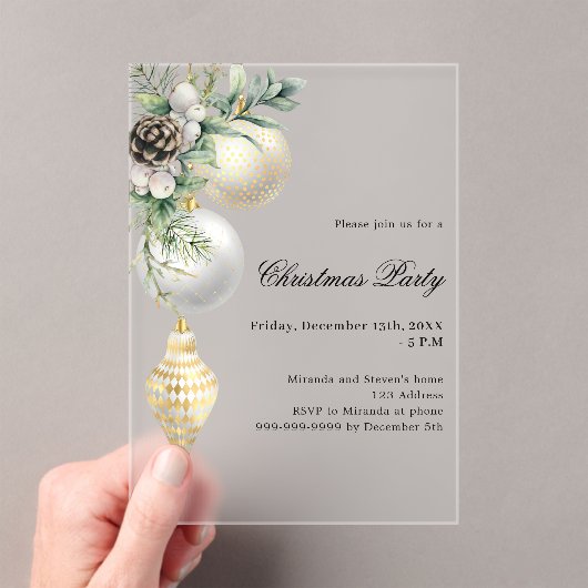 Zwart goud witte kerstballen Kerstfeest bevroren Acryl Uitnodigingen (Insitu (Draagbaar))