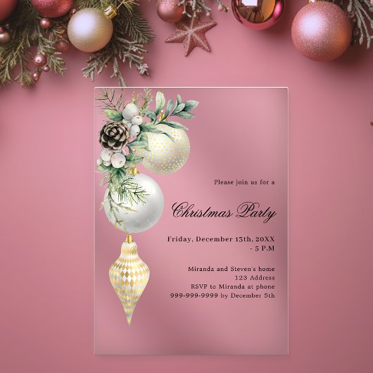 Zwart goud witte kerstballen Kerstfeest bevroren Acryl Uitnodigingen