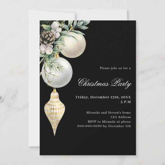 Zwart goud witte kerstballen Kerstfeest Kaart (Voorkant)