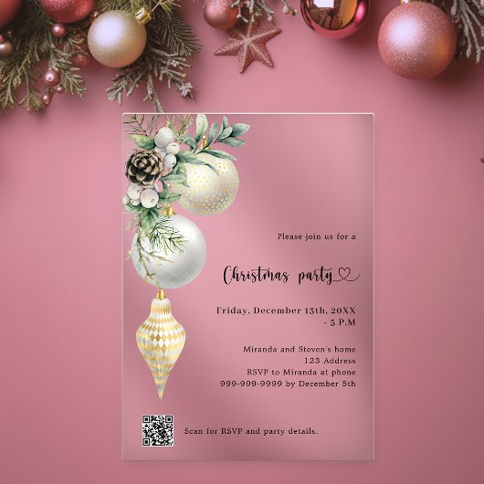 Zwart goud witte kerstballen QR code kerstfeest Acryl Uitnodigingen