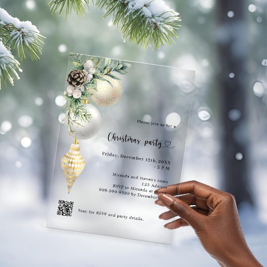 Zwart goud witte kerstballen QR code kerstfeest Acryl Uitnodigingen