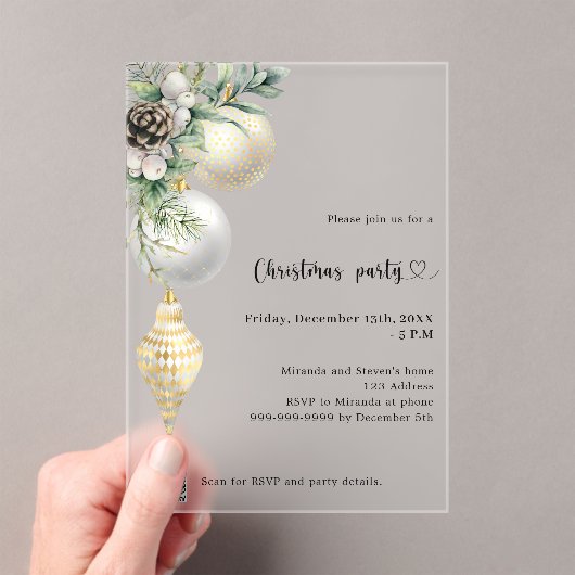 Zwart goud witte kerstballen QR code kerstfeest Acryl Uitnodigingen (Insitu (Draagbaar))