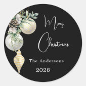 Zwart goud witte kerstballen ronde sticker (Voorkant)