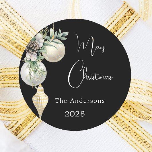 Zwart goud witte kerstballen ronde sticker