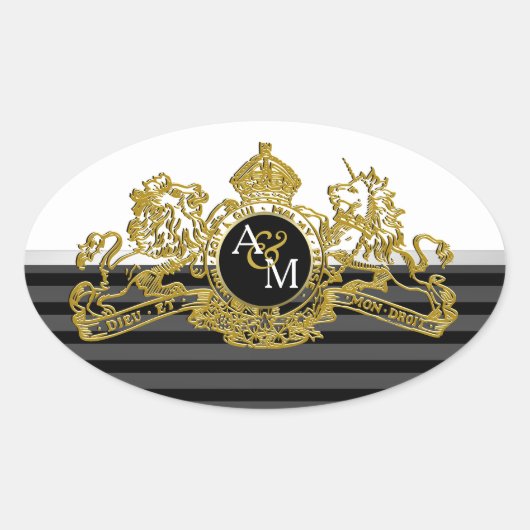 Zwart Goud Witte Leeuw Eenhoorn Embleem Monogram Ovale Sticker (Voorkant)