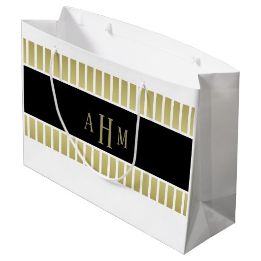 Zwart Goud Witte Monogram Streep Groot Cadeauzakje (Achterkant Gekanteld)