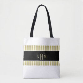 Zwart Goud Witte Monogram Streep Tote Bag