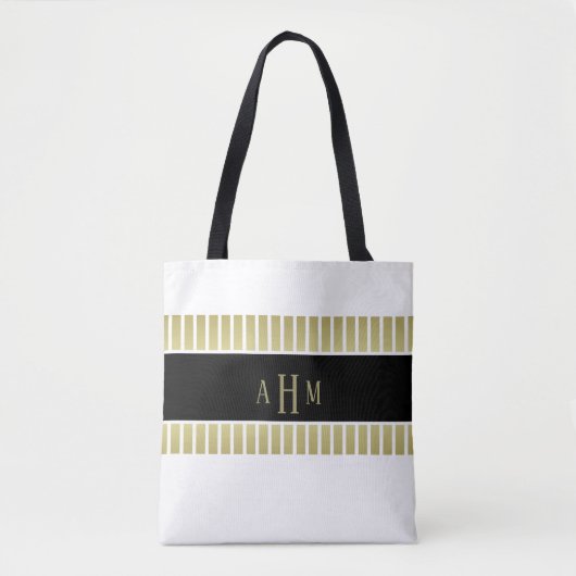 Zwart Goud Witte Monogram Streep Tote Bag (Voorkant)