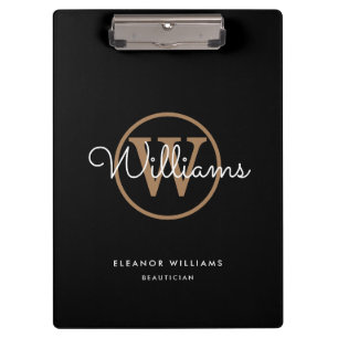 Zwart Goud Witte Script Monogram Naam Klembord