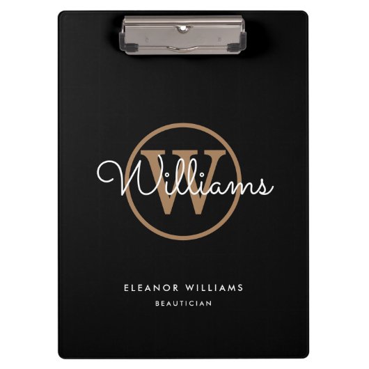 Zwart Goud Witte Script Monogram Naam Klembord (Voorkant)