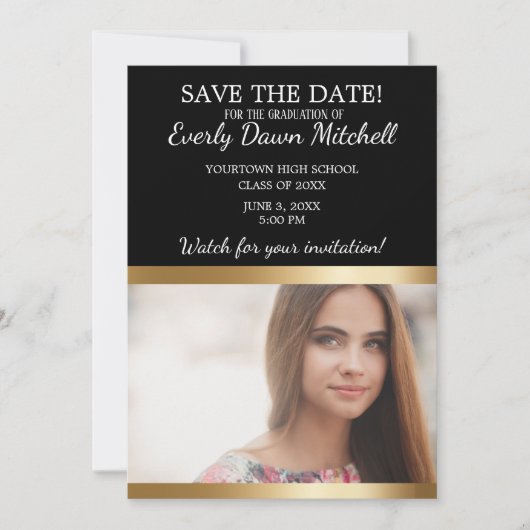 Zwart Goud Witte Streep Afstudeerdatum Bewaar Foto Save The Date (Voorkant)