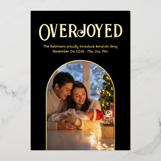 Zwart & Goud Xmas Baby Geboorteaankondiging Foto Folie Feestdagenkaart (Voorkant)