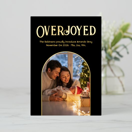 Zwart & Goud Xmas Baby Geboorteaankondiging Foto Folie Feestdagenkaart (Staand Voorkant)