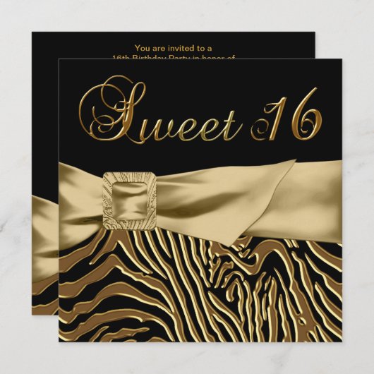 Zwart Goud Zebra Sweet 16 Verjaardagsfeest Kaart (Voorkant / Achterkant)