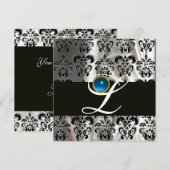 ZWART GOUD ZIJDE DAMAST ENKELVOUDIG BLAUWE SAPPHIE KAART (Voorkant / Achterkant)