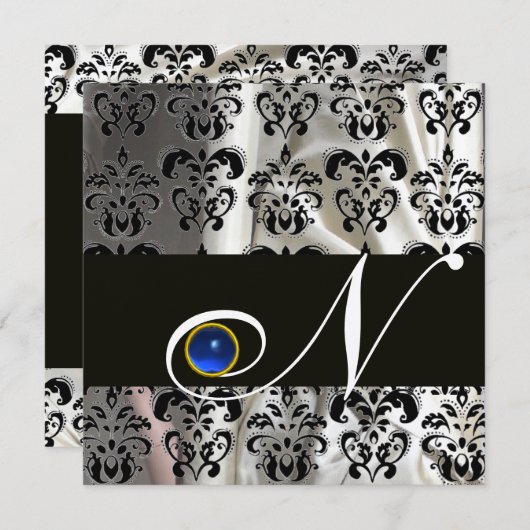 ZWART GOUD ZIJDE DAMAST MONOGRAM BLAUWE SAPPHIERE KAART (Voorkant / Achterkant)