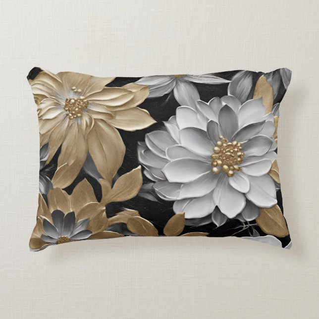 Zwart Goud Zilver Bloemen Accent Kussen (Voorkant)