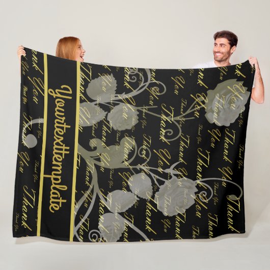 zwart, goud, zilver, dank je, bloemen, bloem, bloe fleece deken (In situ)